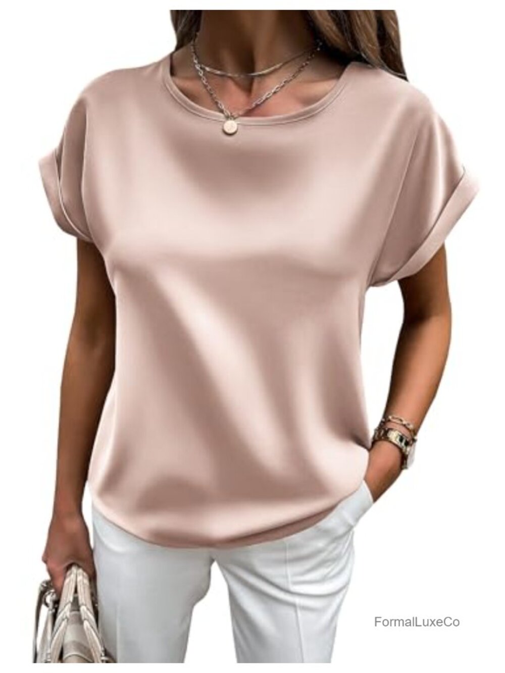 HOTOUCH Satin Silk Pullover Short Sleeve Tunic Top